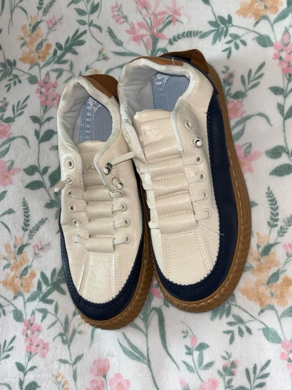 Women's Platform Sneakers in Cream, Navy & Brown